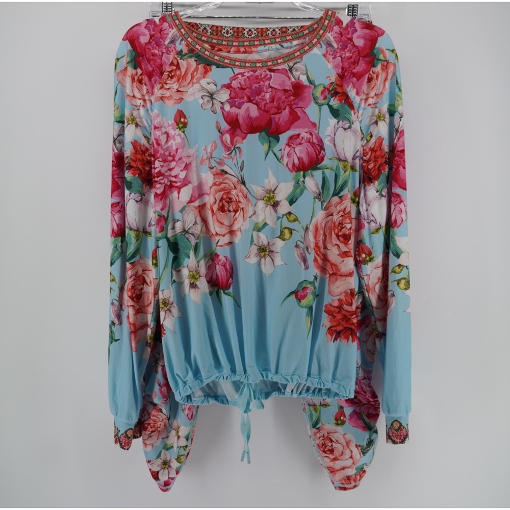 Johnny Was Active Floral Peony Print Top and Leggings Set Blue Pink Large